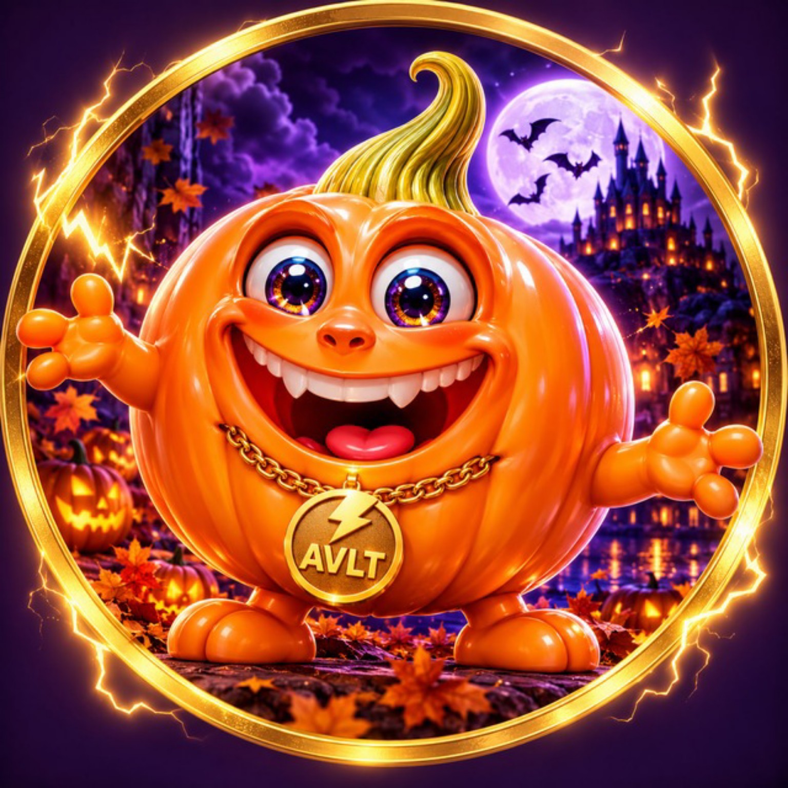 ASHVOLT, the smiling pumpkin with purple eyes and a golden AVLT medallion